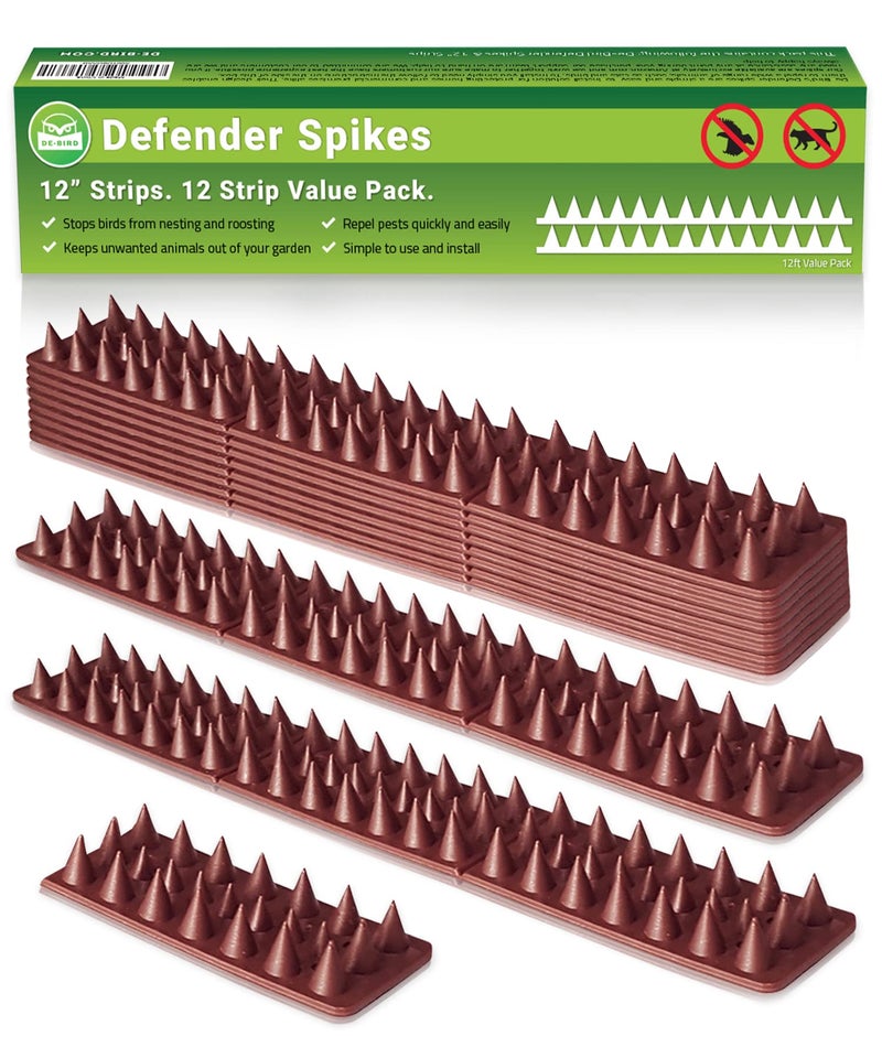 De-Bird Bird Spikes - 12-Piece, 12 Ft Total, Woodpecker - Animal Deterrent & Plastic Spike Strips for Outdoor Fence - Anti-Climb Flexible Strips for Cats, Squirrels & Raccoons - Image 1